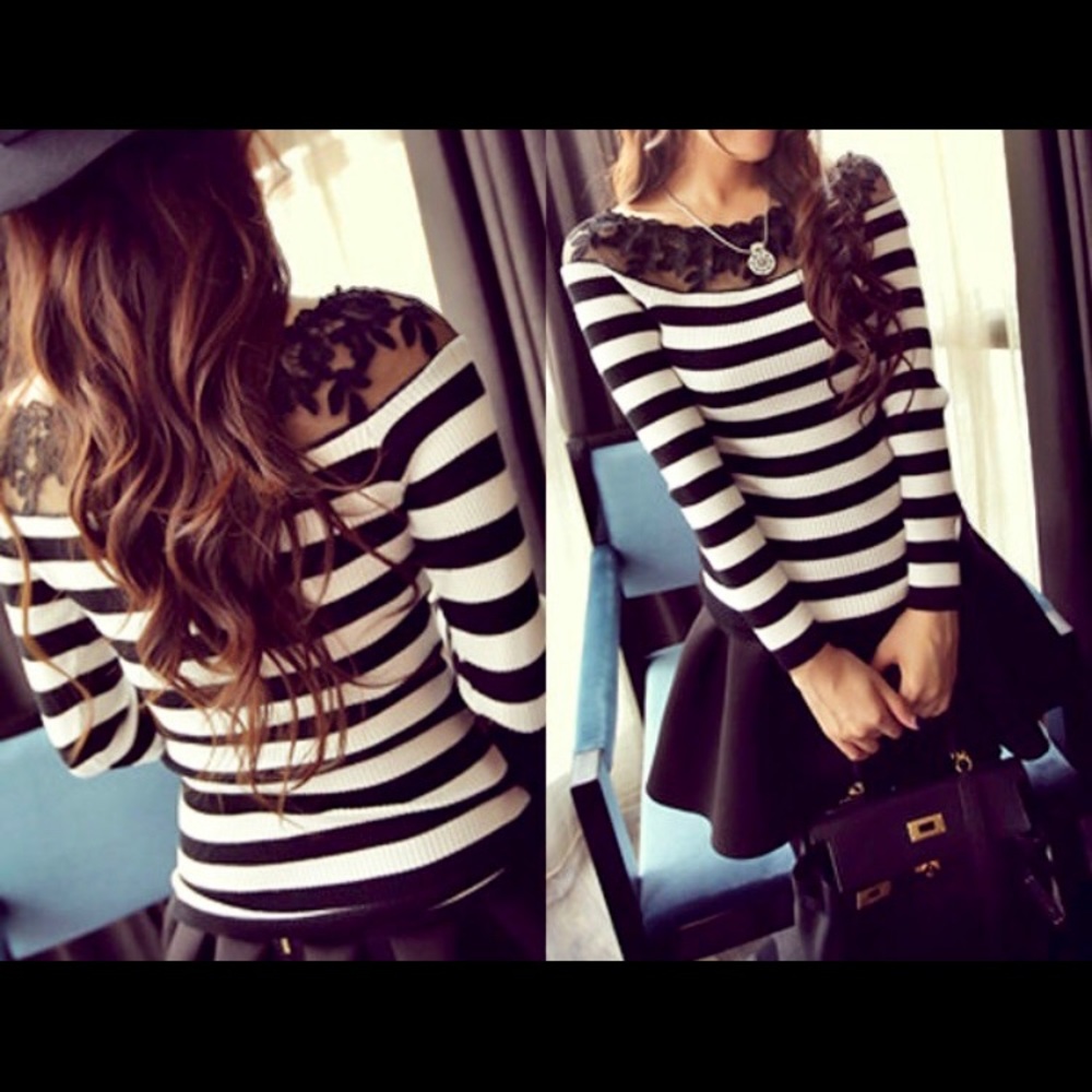 Off Shoulder Lace Stripe Long Sleeves Blouse M